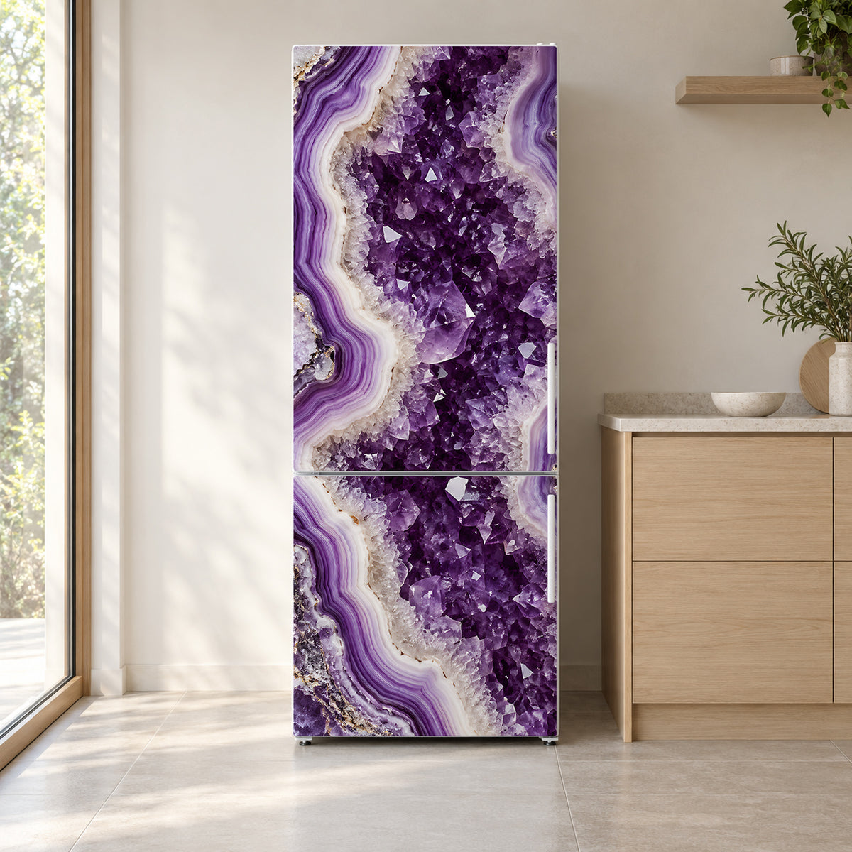 Amethyst Geode fridge wrap on a white refrigerator in a bright kitchen