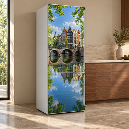 Amsterdam Canals fridge wrap, refrigerator shown at an angle