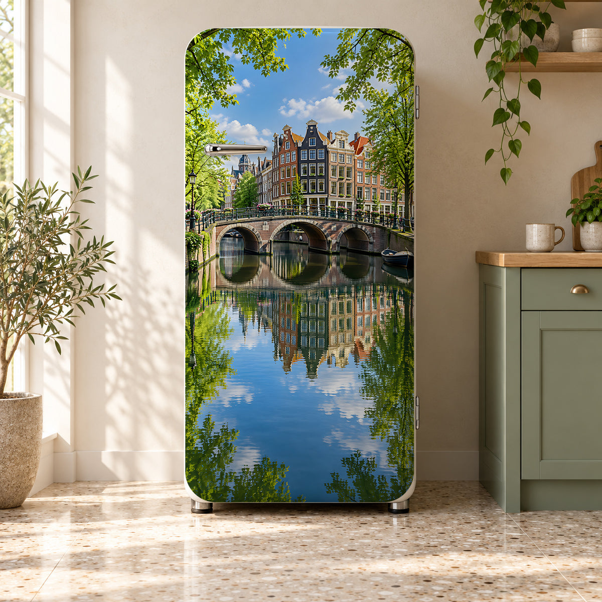 Amsterdam Canals fridge wrap on a retro refrigerator