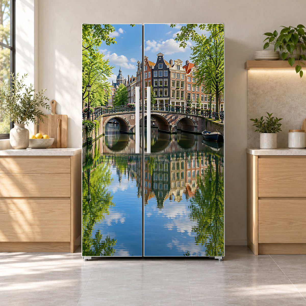 Amsterdam Canals fridge wrap on a side-by-side refrigerator