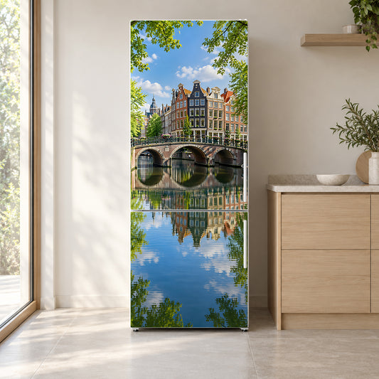 Amsterdam Canals fridge wrap on a white refrigerator in a bright kitchen