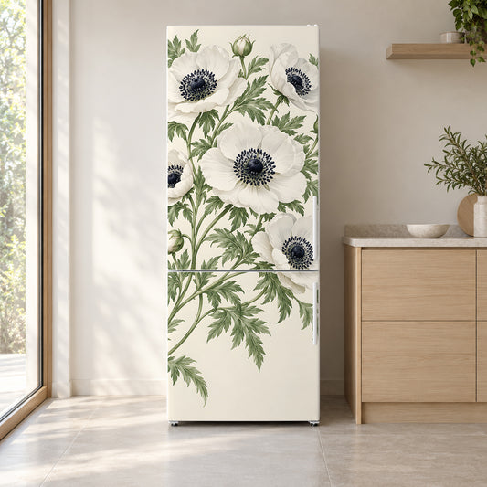 Anemones fridge wrap on a white refrigerator in a bright kitchen