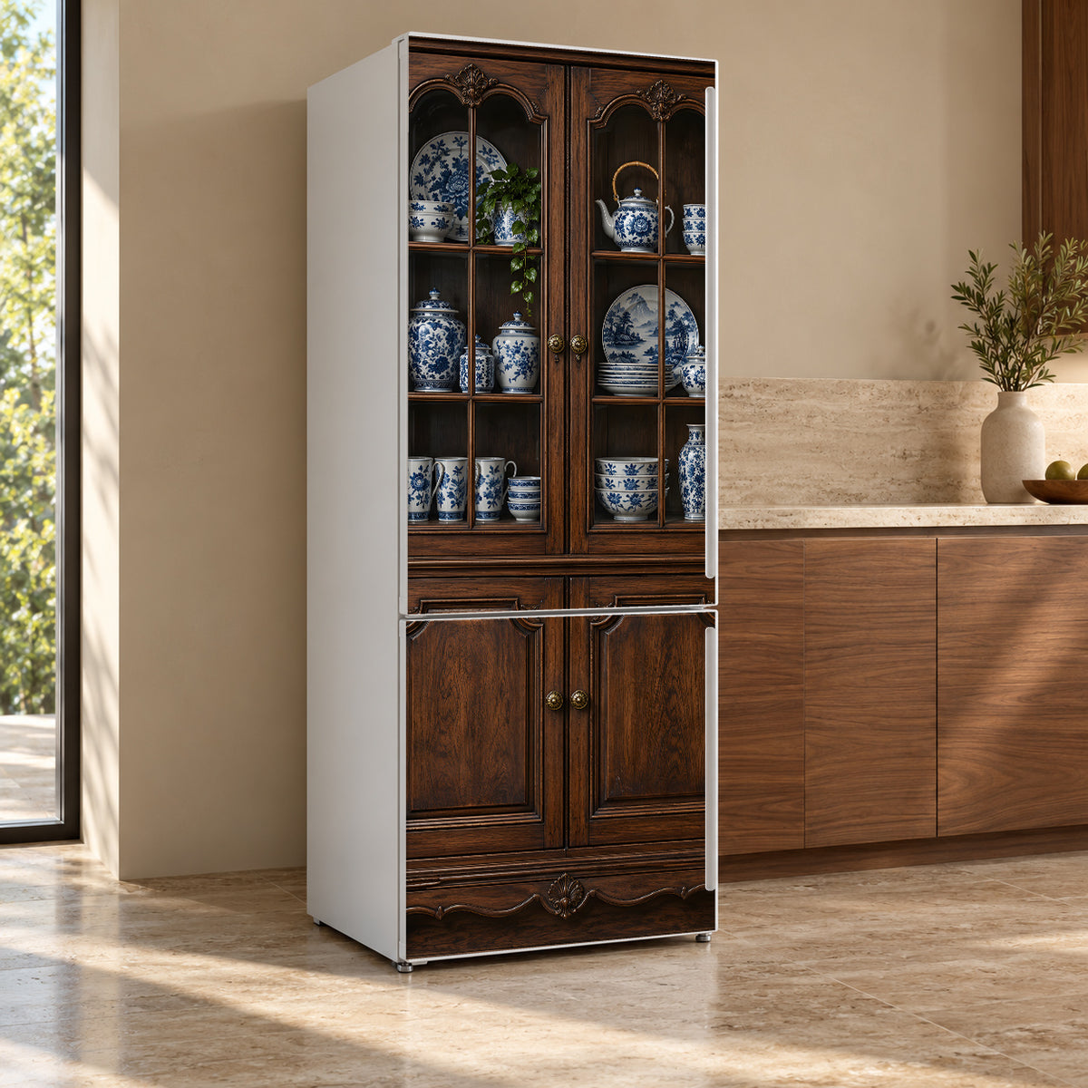 Antique Brown Kitchen Cabinet fridge wrap, refrigerator shown at an angle