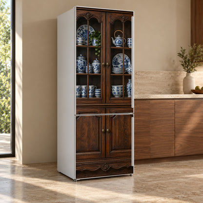Antique Brown Kitchen Cabinet fridge wrap, refrigerator shown at an angle
