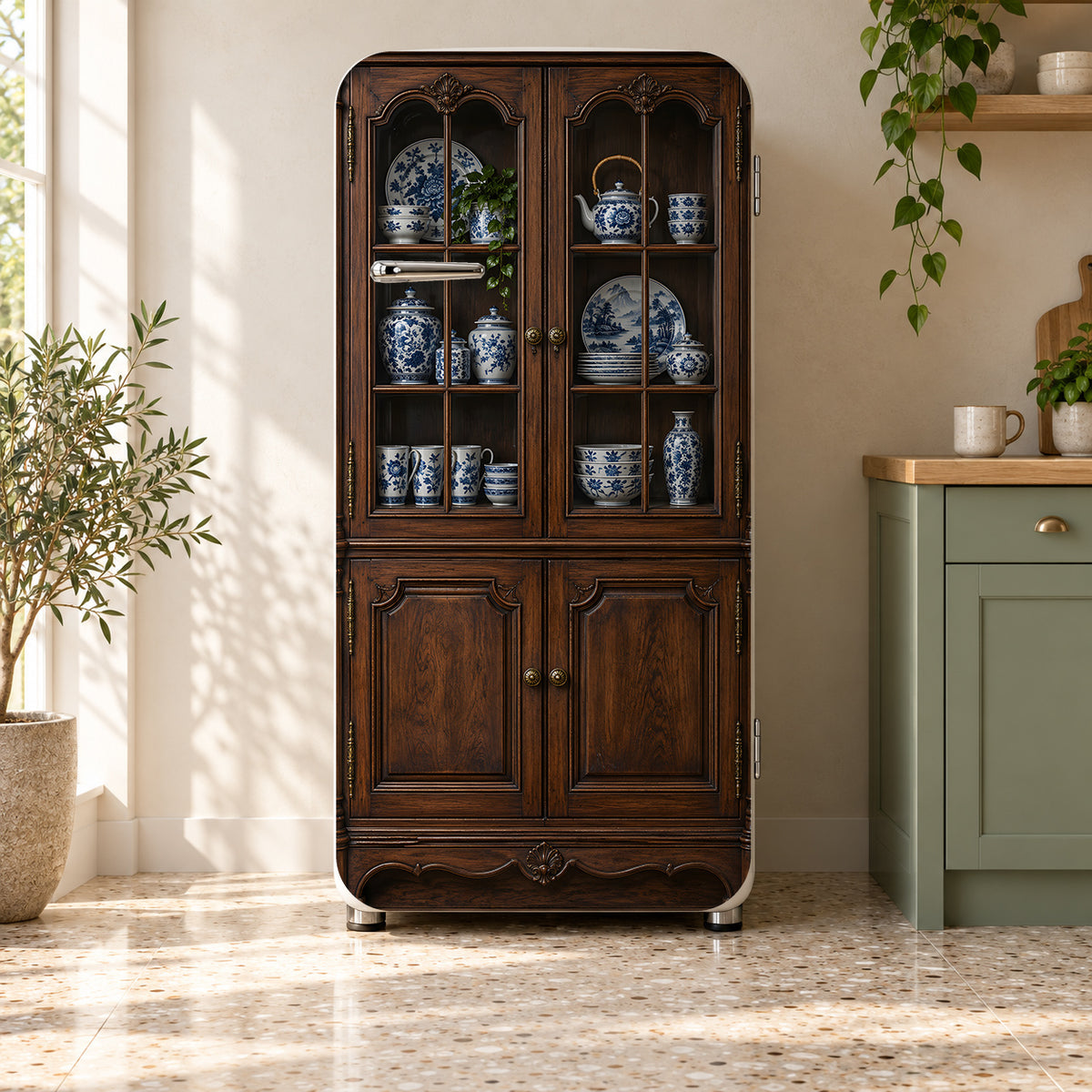 Antique Brown Kitchen Cabinet fridge wrap on a retro refrigerator