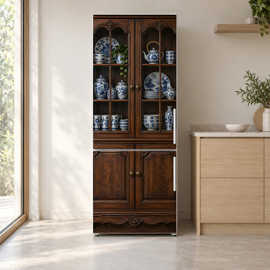 Antique Brown Kitchen Cabinet fridge wrap on a white refrigerator in a bright kitchen