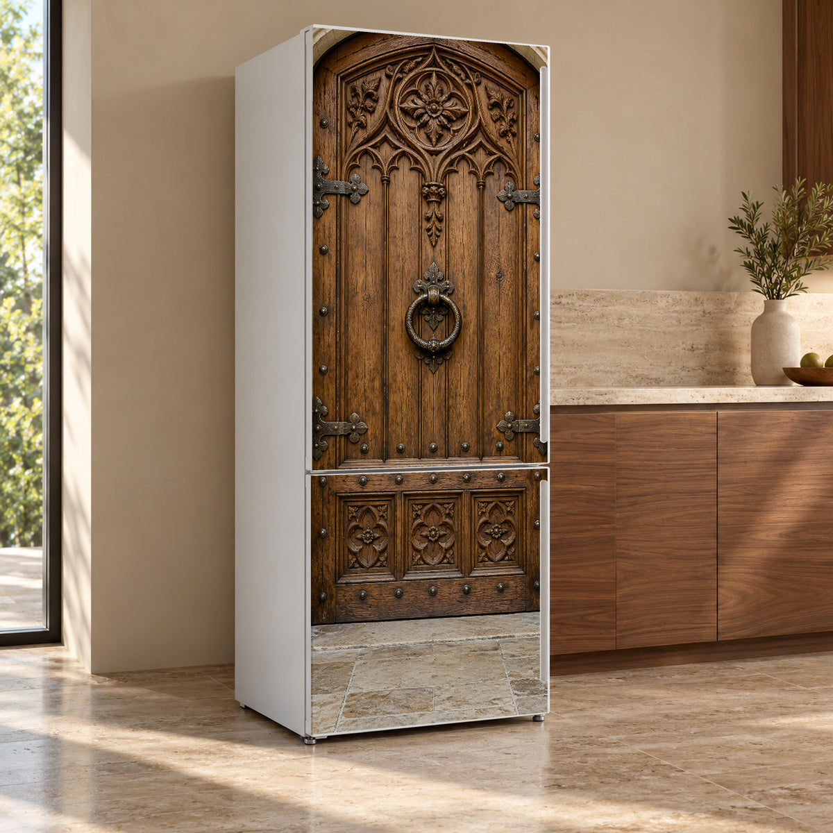 Antique Carved Door fridge wrap, refrigerator shown at an angle