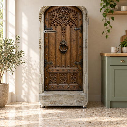 Antique Carved Door fridge wrap on a retro refrigerator