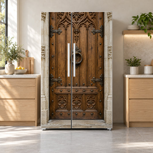 Antique Carved Door fridge wrap on a side-by-side refrigerator