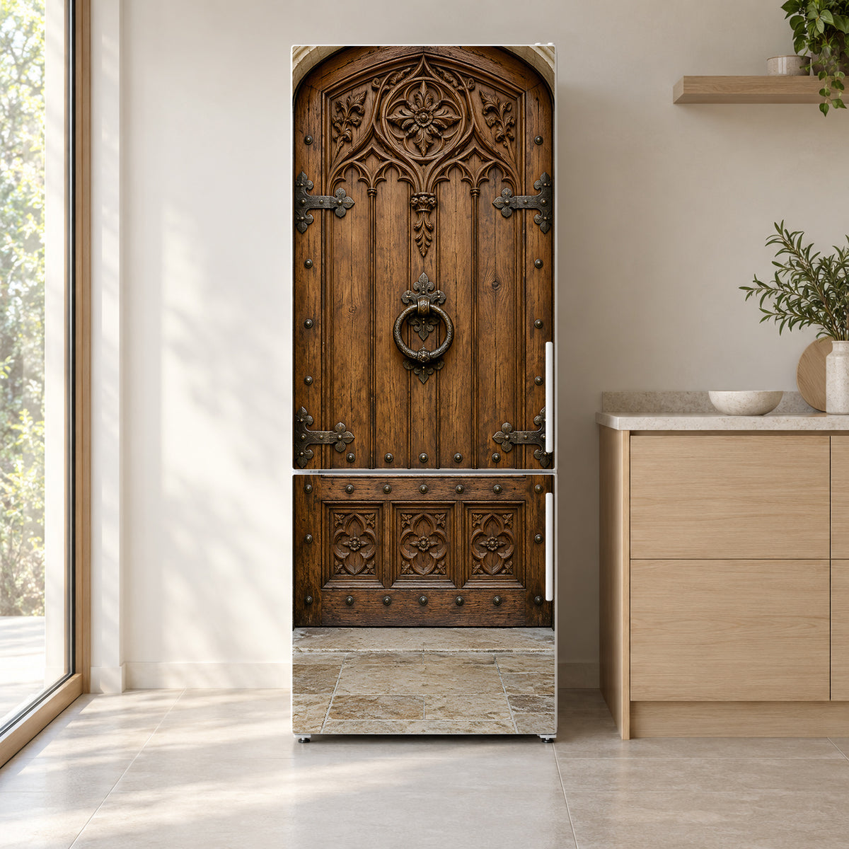 Antique Carved Door fridge wrap on a white refrigerator in a bright kitchen