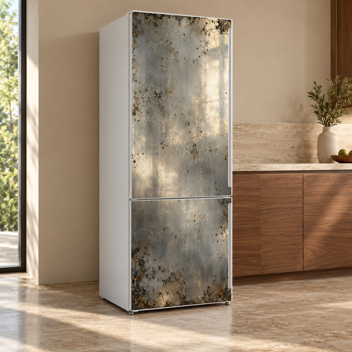 Antique Mirror Glass fridge wrap, refrigerator shown at an angle