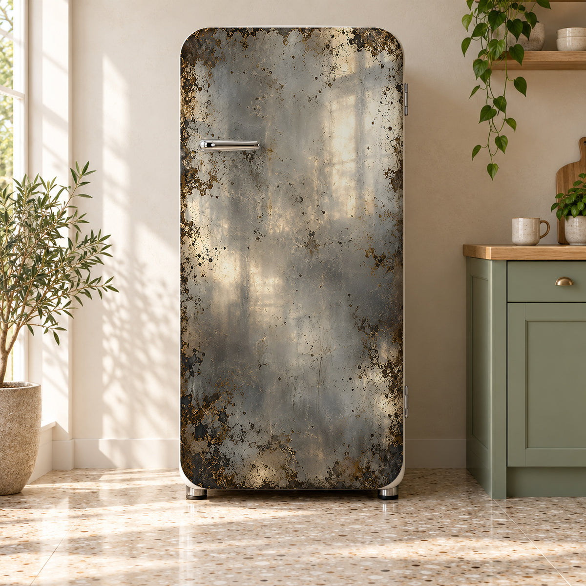 Antique Mirror Glass fridge wrap on a retro refrigerator