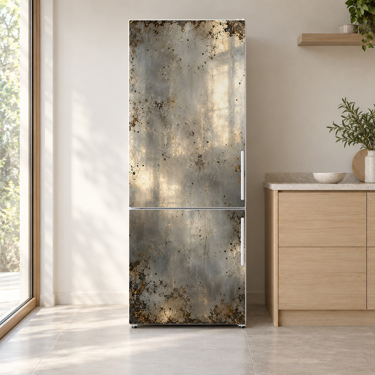 Antique Mirror Glass fridge wrap on a white refrigerator in a bright kitchen