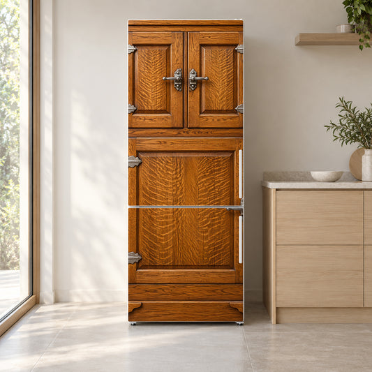 Antique Oak Icebox fridge wrap on a white refrigerator in a bright kitchen