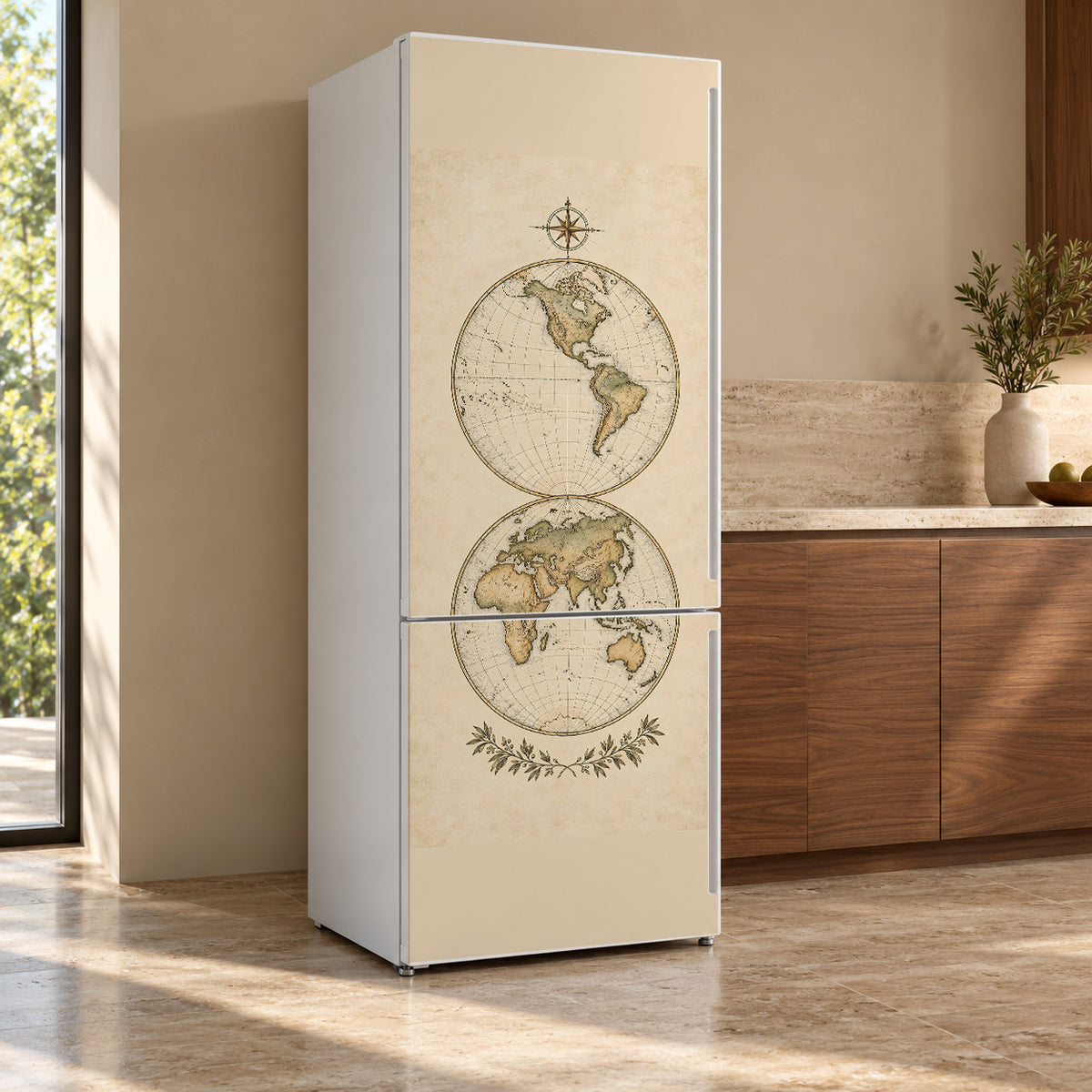 Antique World Map fridge wrap, refrigerator shown at an angle