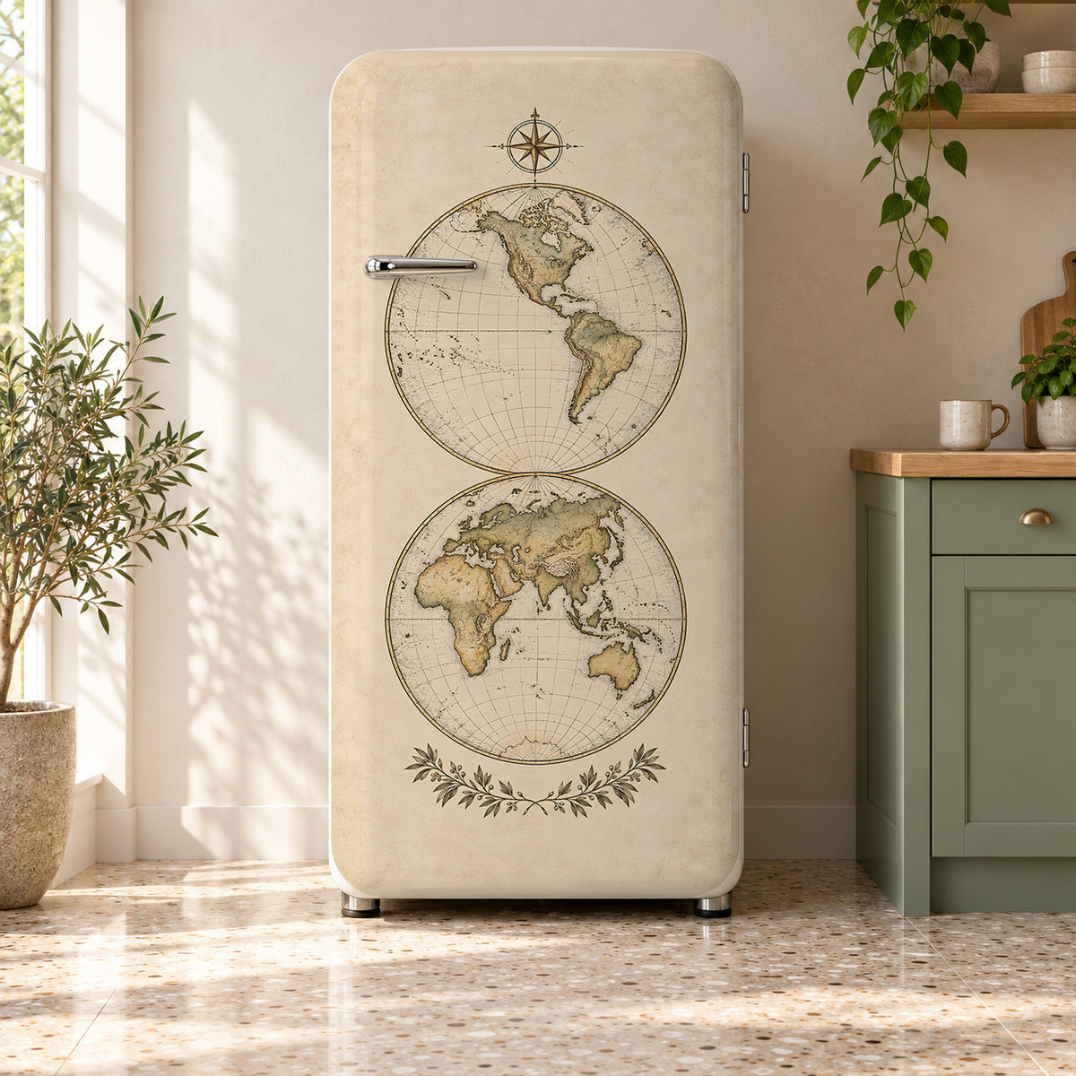 Antique World Map fridge wrap on a retro refrigerator