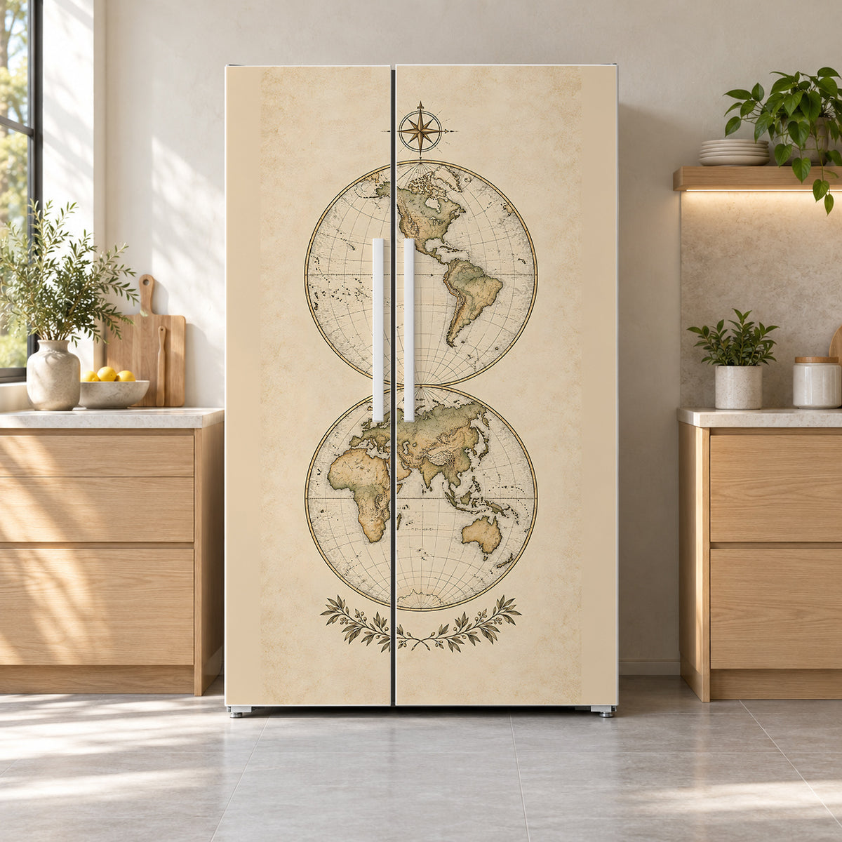 Antique World Map fridge wrap on a side-by-side refrigerator