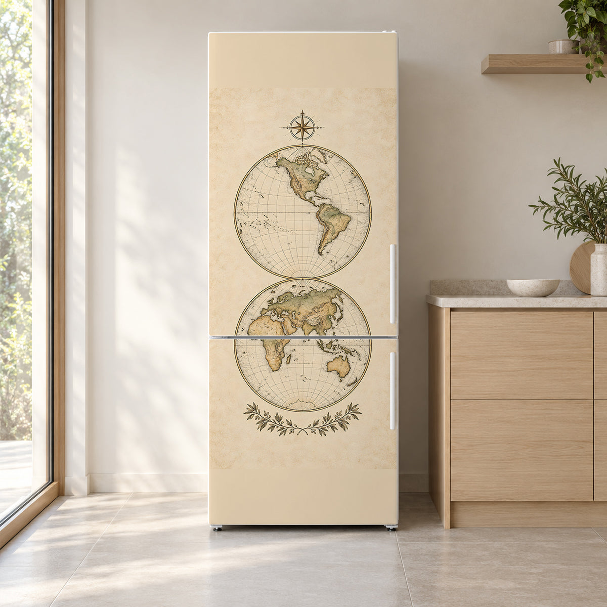 Antique World Map fridge wrap on a white refrigerator in a bright kitchen