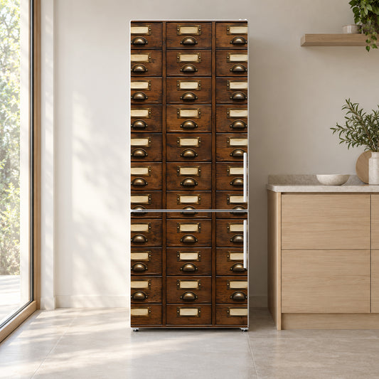 Apothecary Drawers fridge wrap on a white refrigerator in a bright kitchen