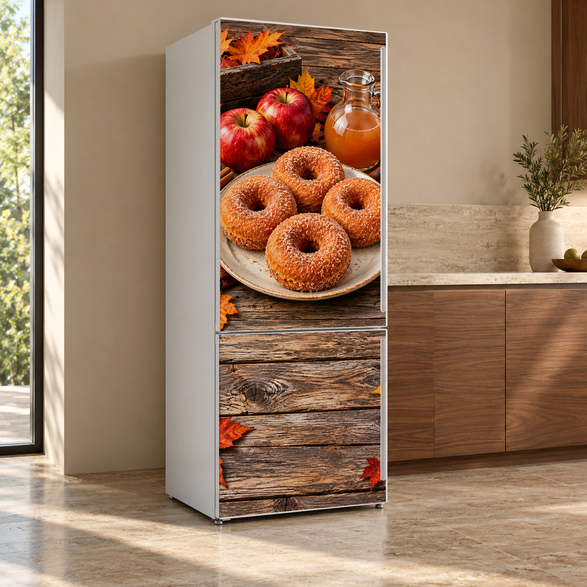 Apple Cider Donuts fridge wrap, refrigerator shown at an angle