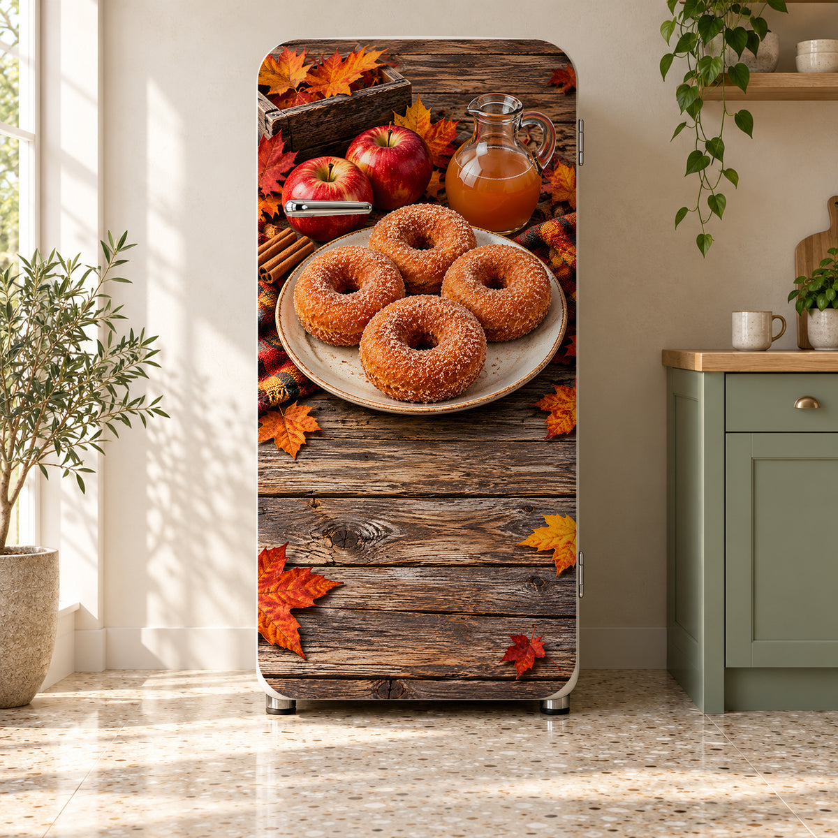Apple Cider Donuts fridge wrap on a retro refrigerator