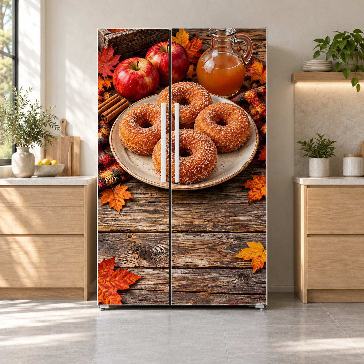 Apple Cider Donuts fridge wrap on a side-by-side refrigerator
