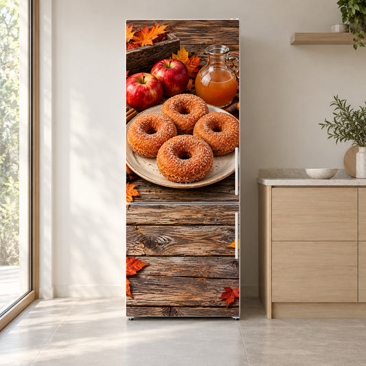 Apple Cider Donuts fridge wrap on a white refrigerator in a bright kitchen