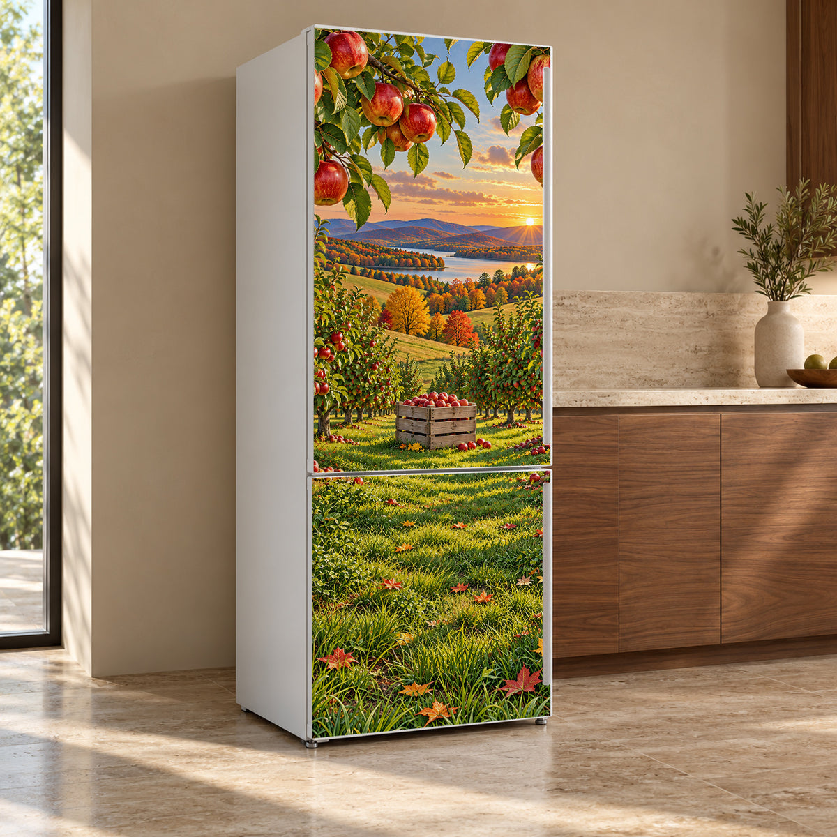 Apple Orchard fridge wrap, refrigerator shown at an angle
