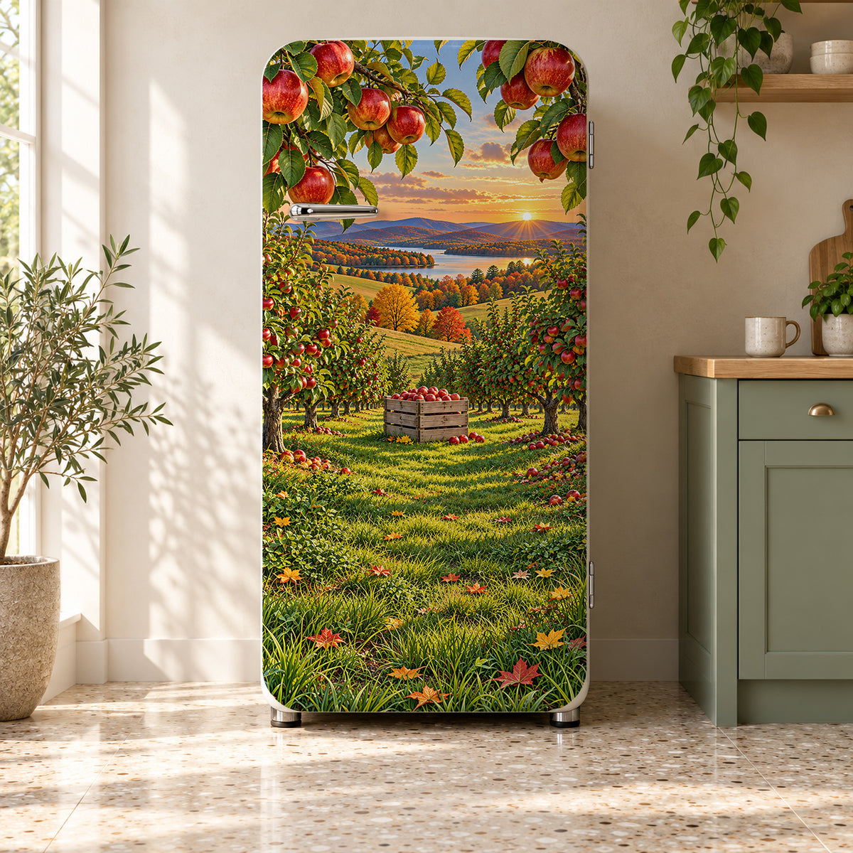Apple Orchard fridge wrap on a retro refrigerator