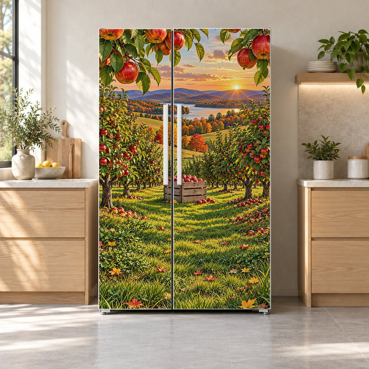 Apple Orchard fridge wrap on a side-by-side refrigerator