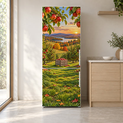Apple Orchard fridge wrap on a white refrigerator in a bright kitchen