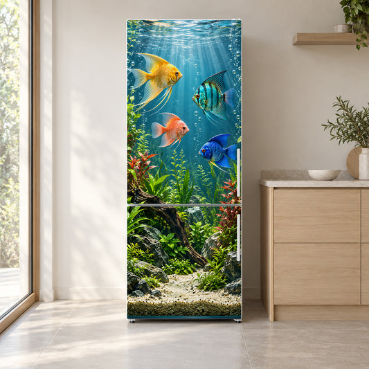 Aquarium fridge wrap on a white refrigerator in a bright kitchen