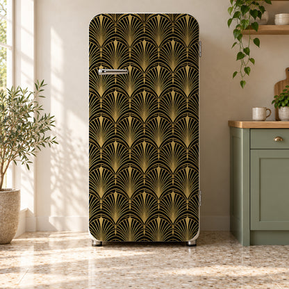 Art Deco Black & Gold Fans fridge wrap on a retro refrigerator