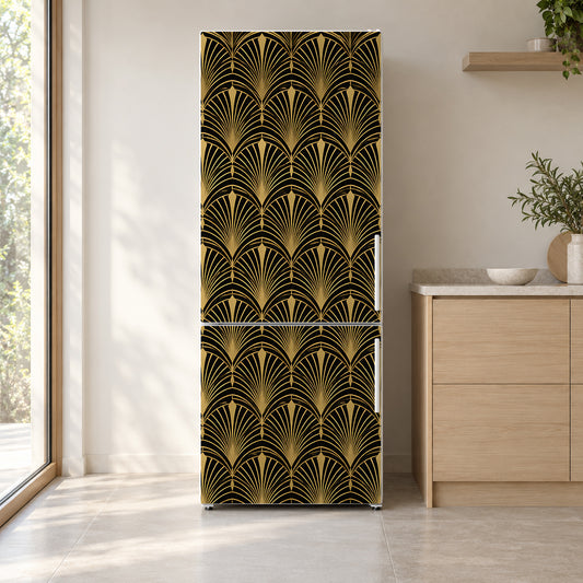Art Deco Black & Gold Fans fridge wrap on a white refrigerator in a bright kitchen