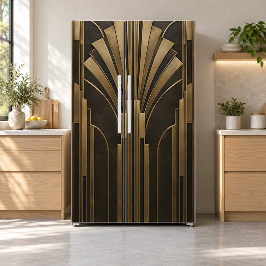 Art Deco Elevator Doors fridge wrap on a side-by-side refrigerator