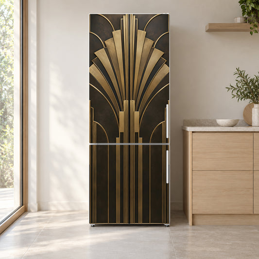Art Deco Elevator Doors fridge wrap on a white refrigerator in a bright kitchen