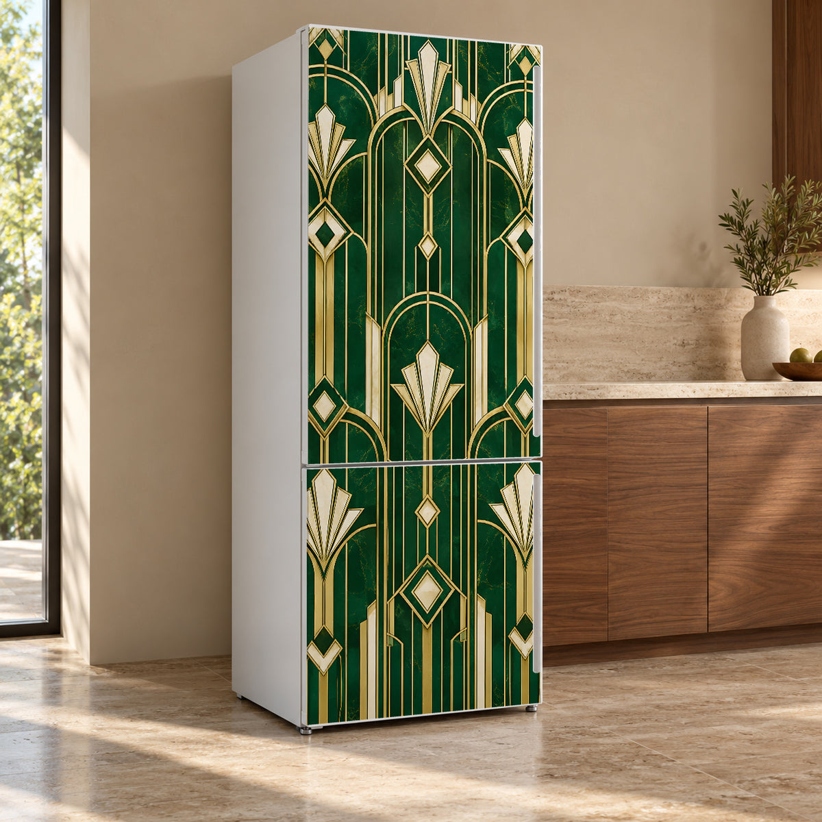 Art Deco Emerald & Brass fridge wrap, refrigerator shown at an angle