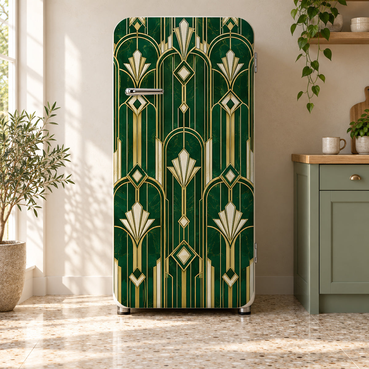 Art Deco Emerald & Brass fridge wrap on a retro refrigerator