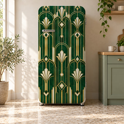 Art Deco Emerald & Brass fridge wrap on a retro refrigerator
