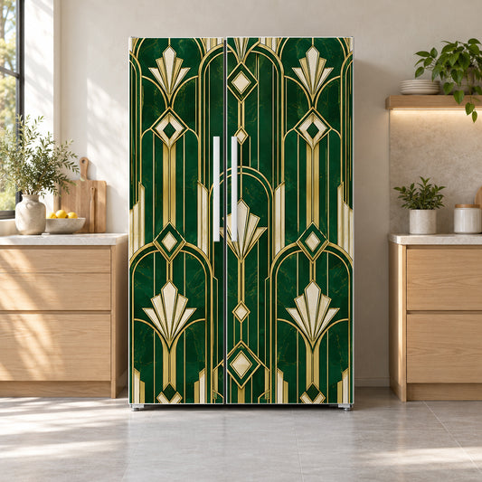 Art Deco Emerald & Brass fridge wrap on a side-by-side refrigerator