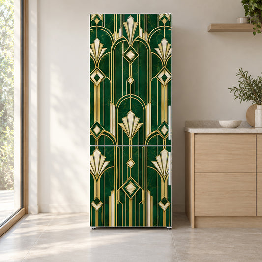 Art Deco Emerald & Brass fridge wrap on a white refrigerator in a bright kitchen