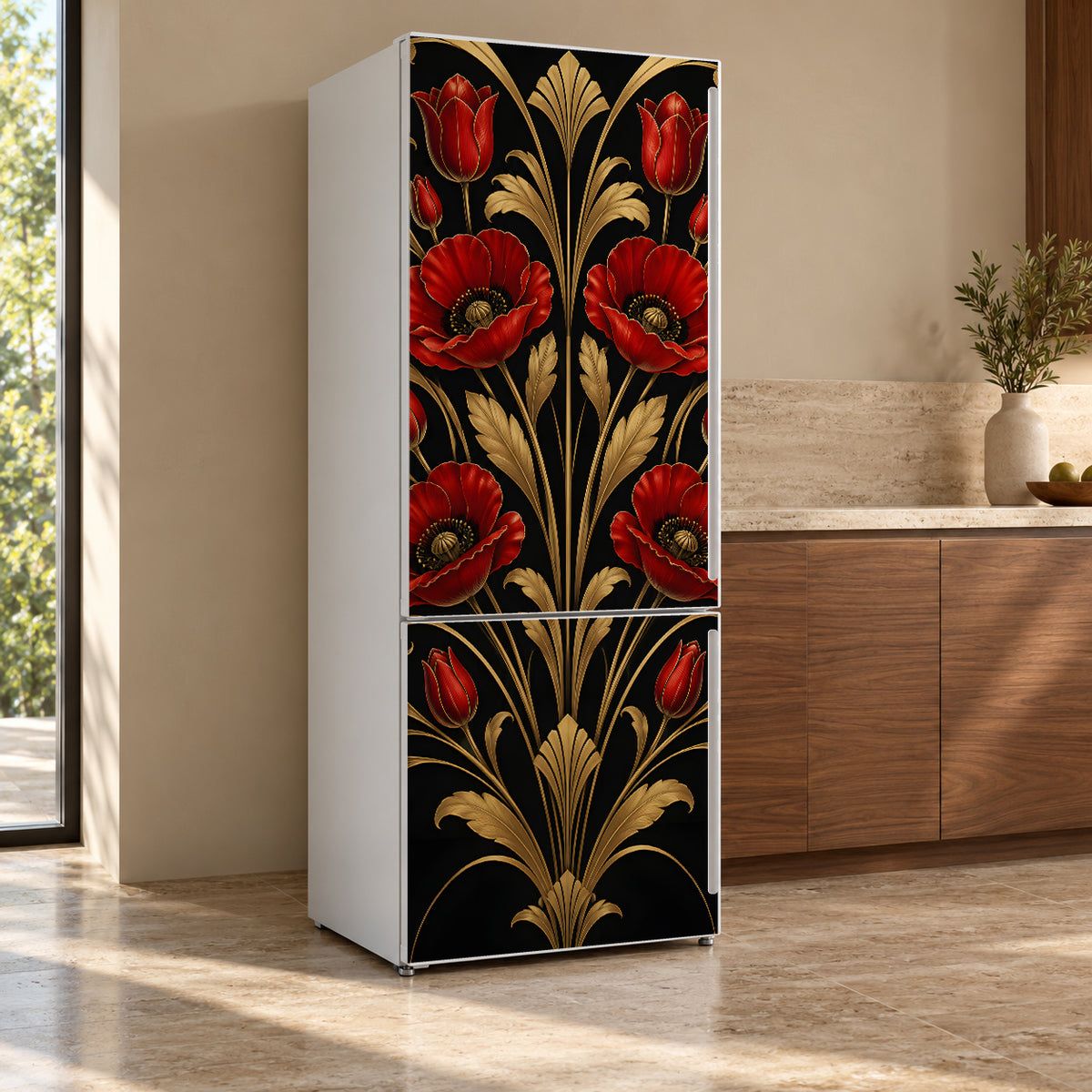 Art Deco Red Floral fridge wrap, refrigerator shown at an angle
