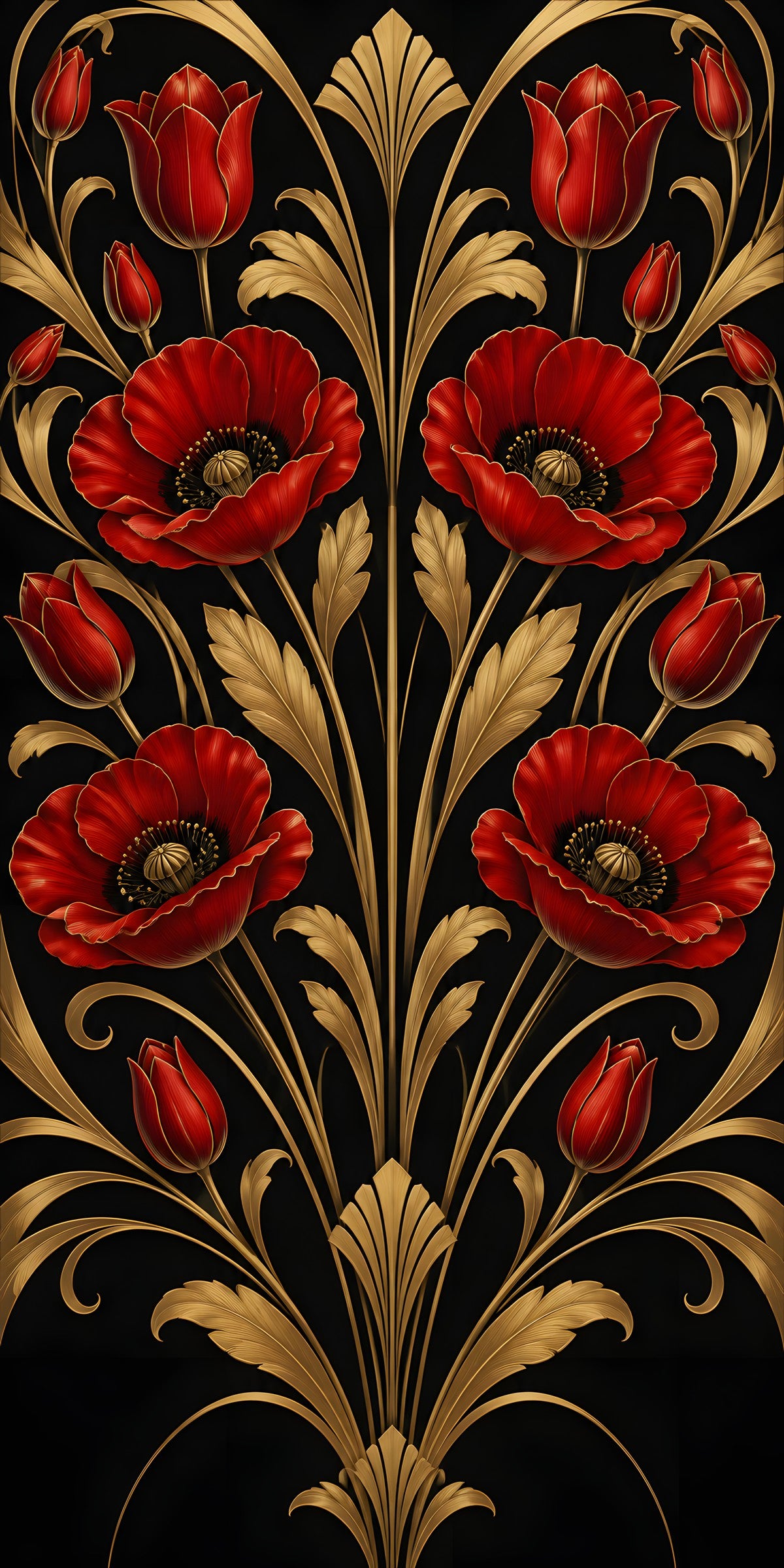 Art Deco Red Floral fridge wrap full design