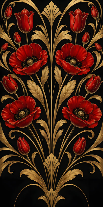 Art Deco Red Floral fridge wrap full design