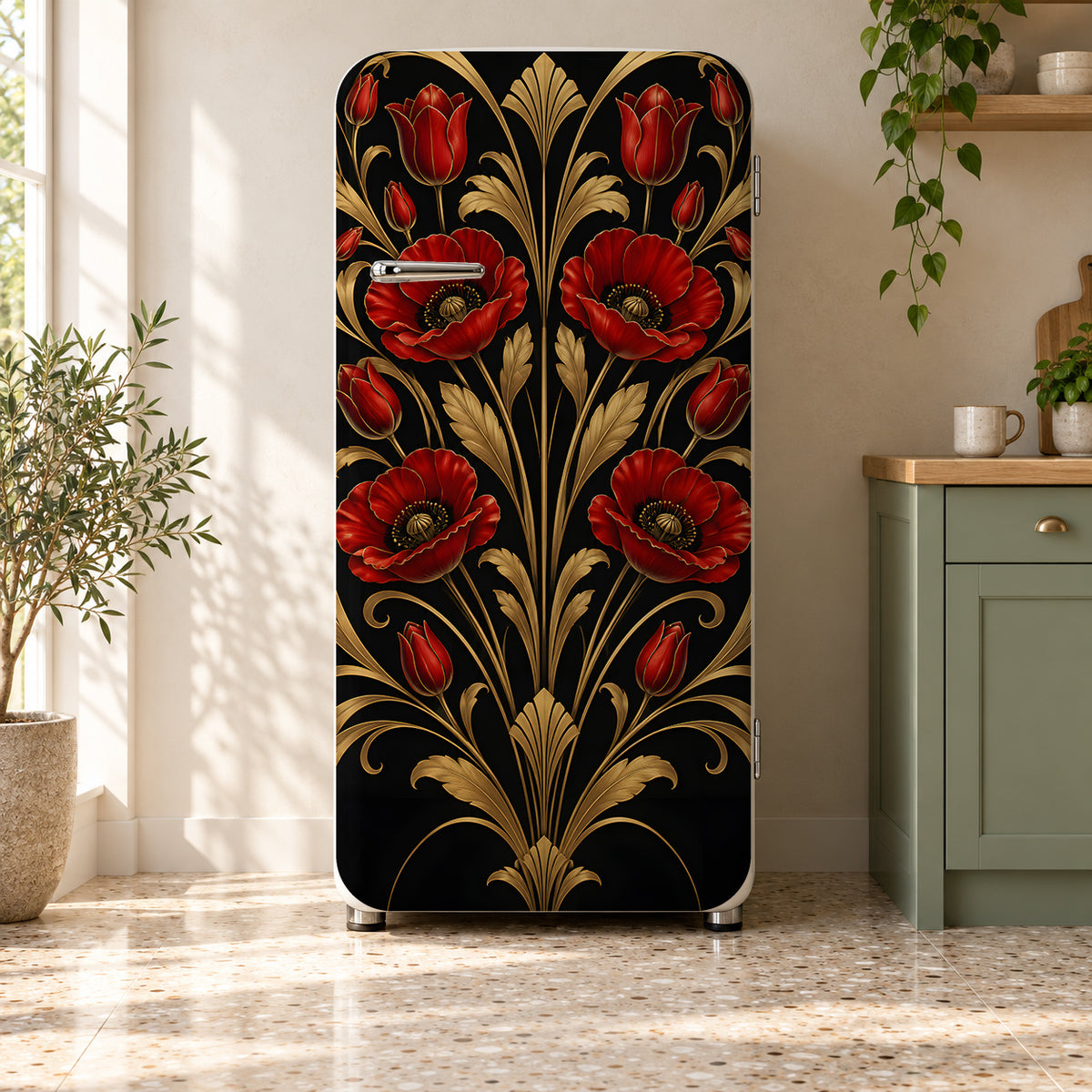 Art Deco Red Floral fridge wrap on a retro refrigerator