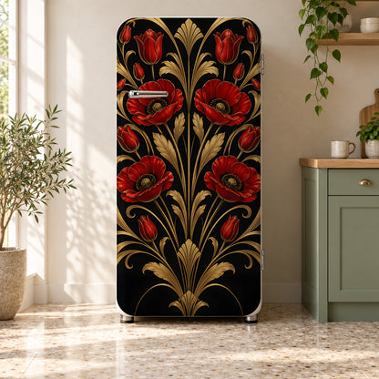 Art Deco Red Floral fridge wrap on a retro refrigerator