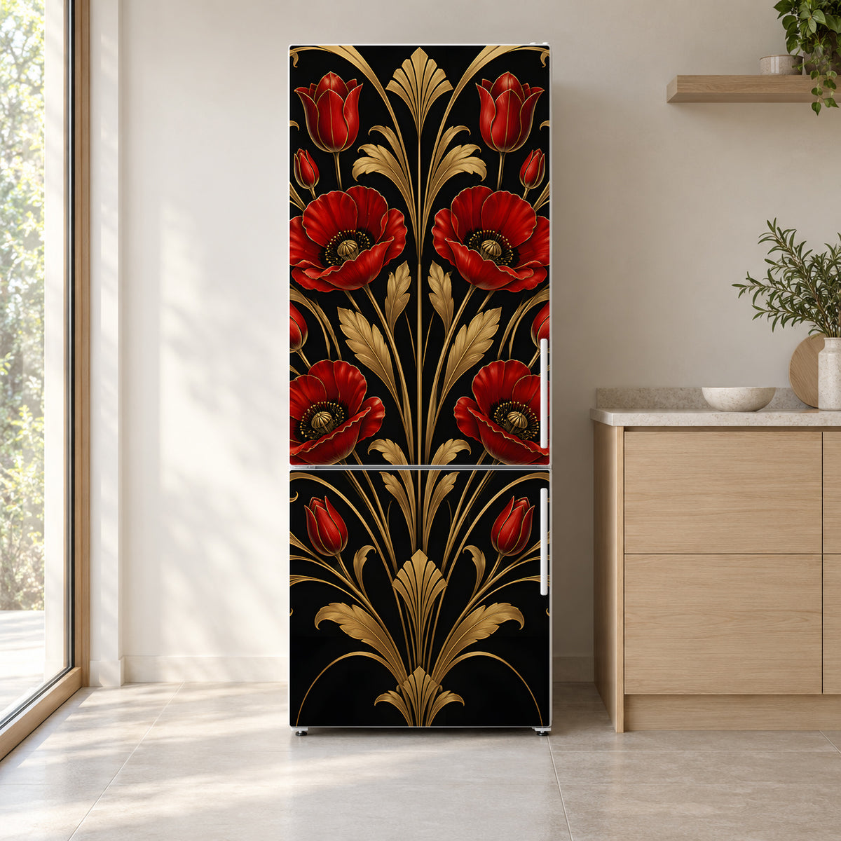 Art Deco Red Floral fridge wrap on a white refrigerator in a bright kitchen