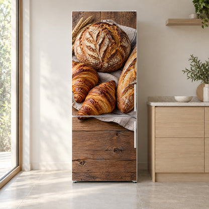 Artisan Bakery fridge wrap on a white refrigerator in a bright kitchen