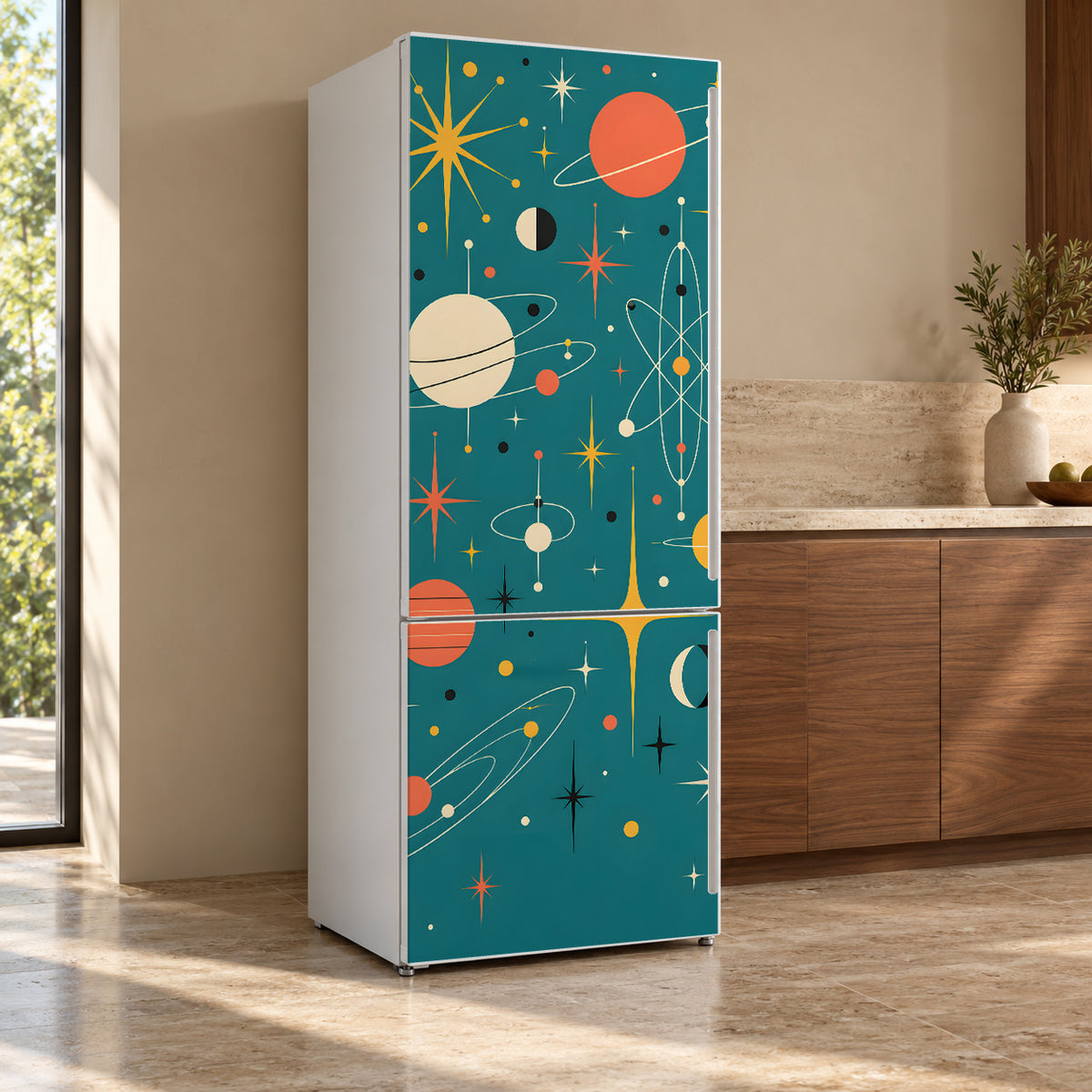 Atomic Space Age fridge wrap, refrigerator shown at an angle