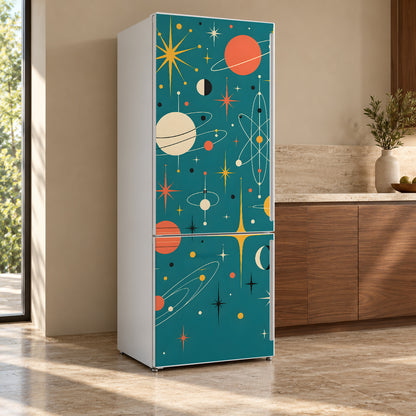 Atomic Space Age fridge wrap, refrigerator shown at an angle